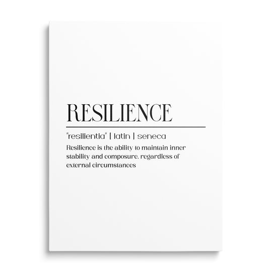 Motivační obraz na plátně RESILIENCE s černým nápisem a latinským citátem Seneky, minimalistický front view