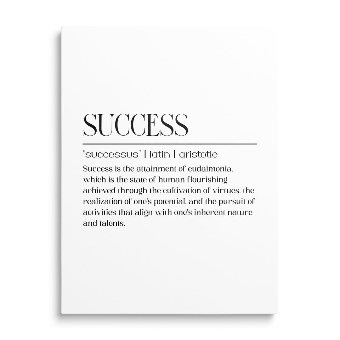 Motivační obraz na plátně SUCCESS, černobílá typografie s latinským citátem Aristotela a definicí úspěchu