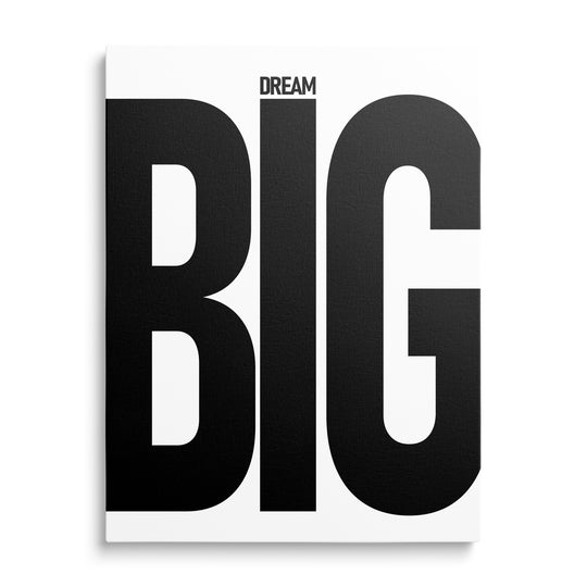 Motivační obraz na plátně s černobílým nápisem DREAM BIG v minimalistické typografii, pohled zepředu
