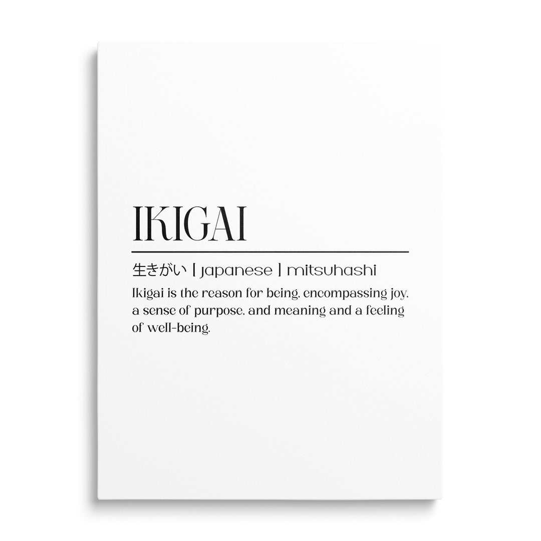 Motivační obraz na plátně Ikigai, minimalistický japonský nápis s anglickou definicí zepředu