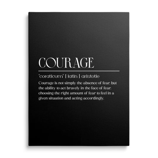 Motivační obraz na plátně s černým pozadím a bílým citátem COURAGE, minimalistický obraz zepředu.