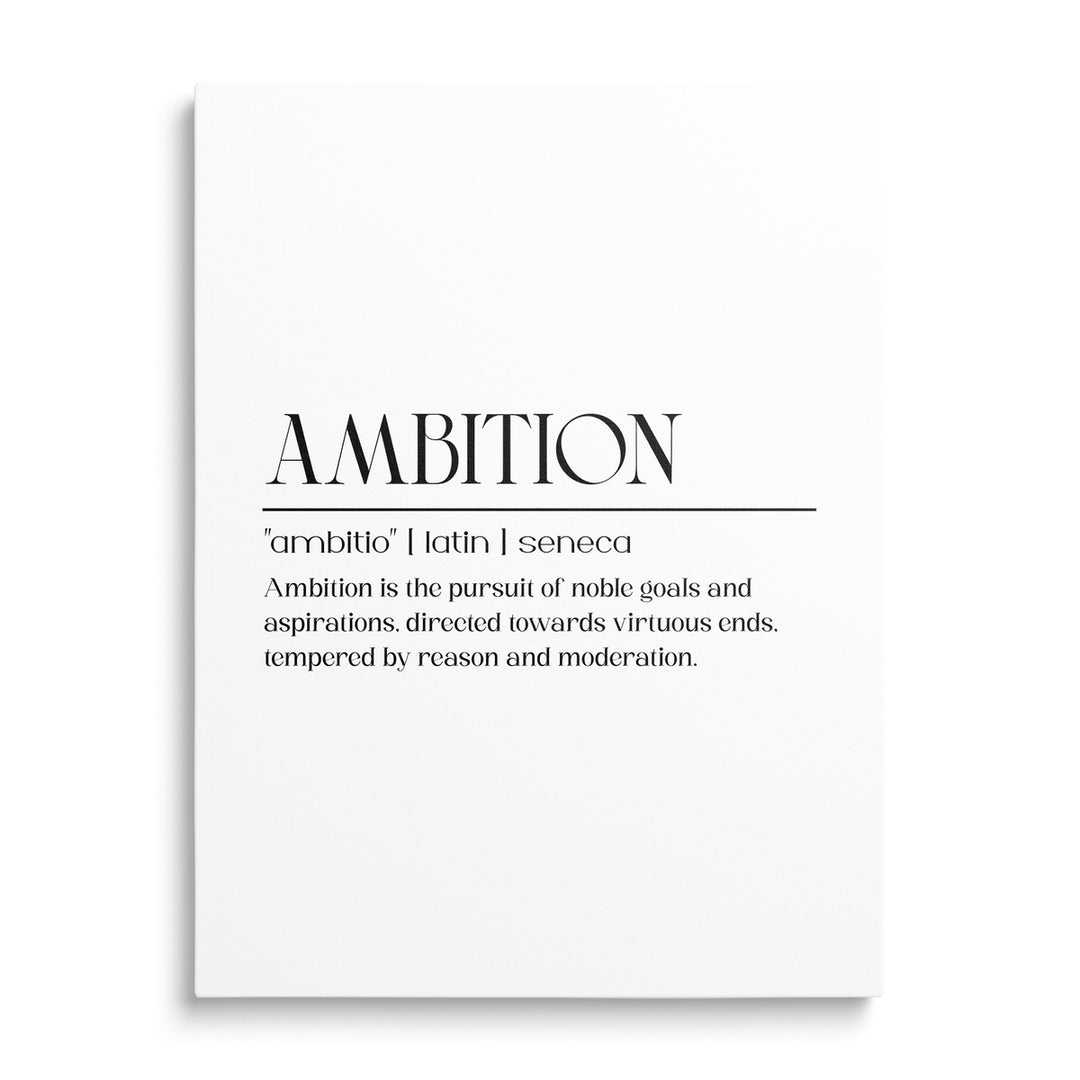 Motivační obraz na plátně s černobílým latinským citátem Ambition od Senecy, minimalistický obraz zepředu.