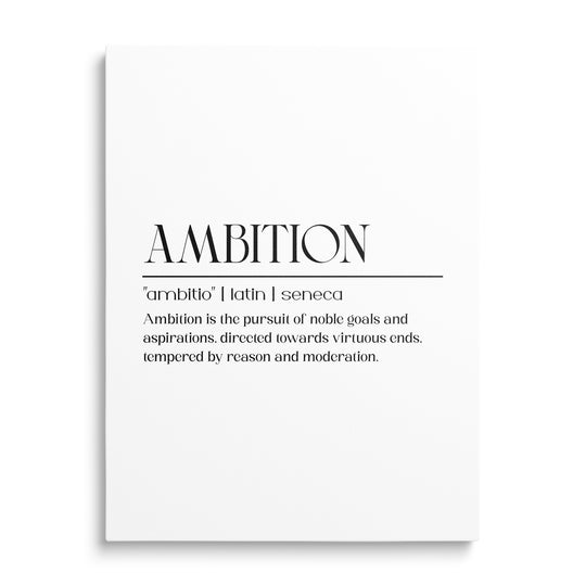 Motivační obraz na plátně s černobílým latinským citátem Ambition od Senecy, minimalistický obraz zepředu.