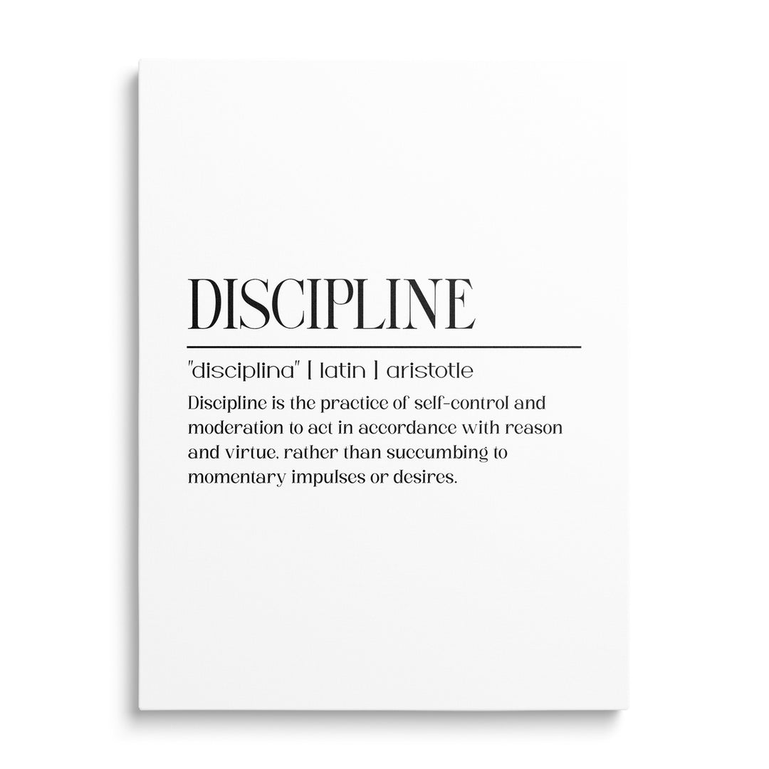 Motivační obraz na plátně s minimalistickým nápisem DISCIPLINE a definicí v moderním typografickém designu, obraz zepředu