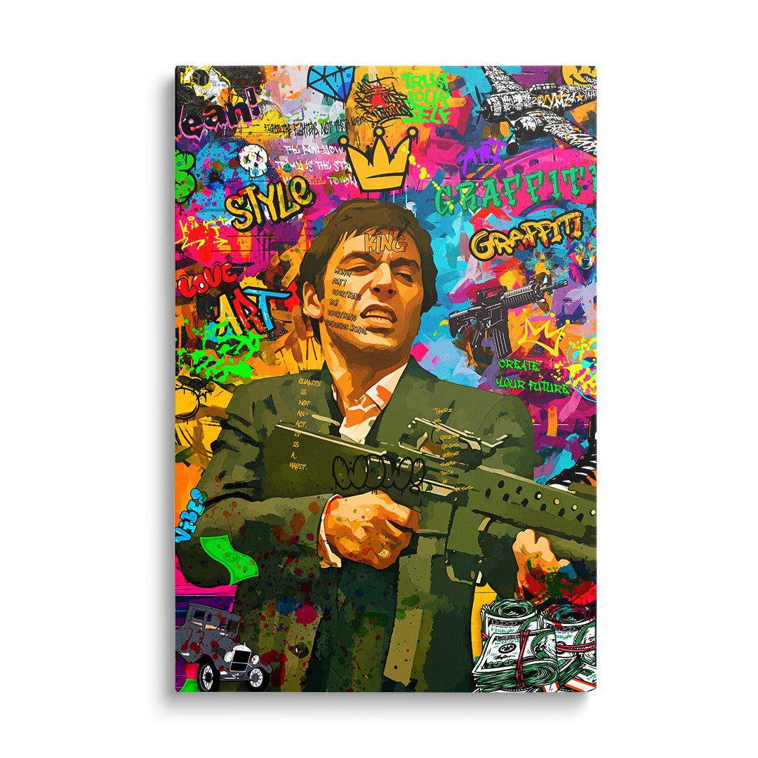 Motivační pop art obraz na plátně s mužem s kulometem, graffiti nápisy, bankovkami a královskou korunou