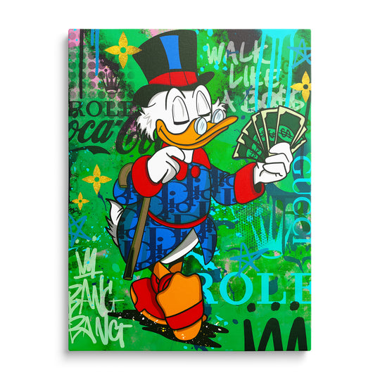 Motivační obraz na plátně s Kačerem Skrblíkem držícím peníze v pop art graffiti stylu