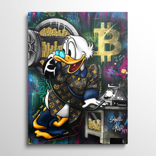 Obraz Skrblík – zepředu na zeď, s motivem BTC, zlata, tradingu a krypta.