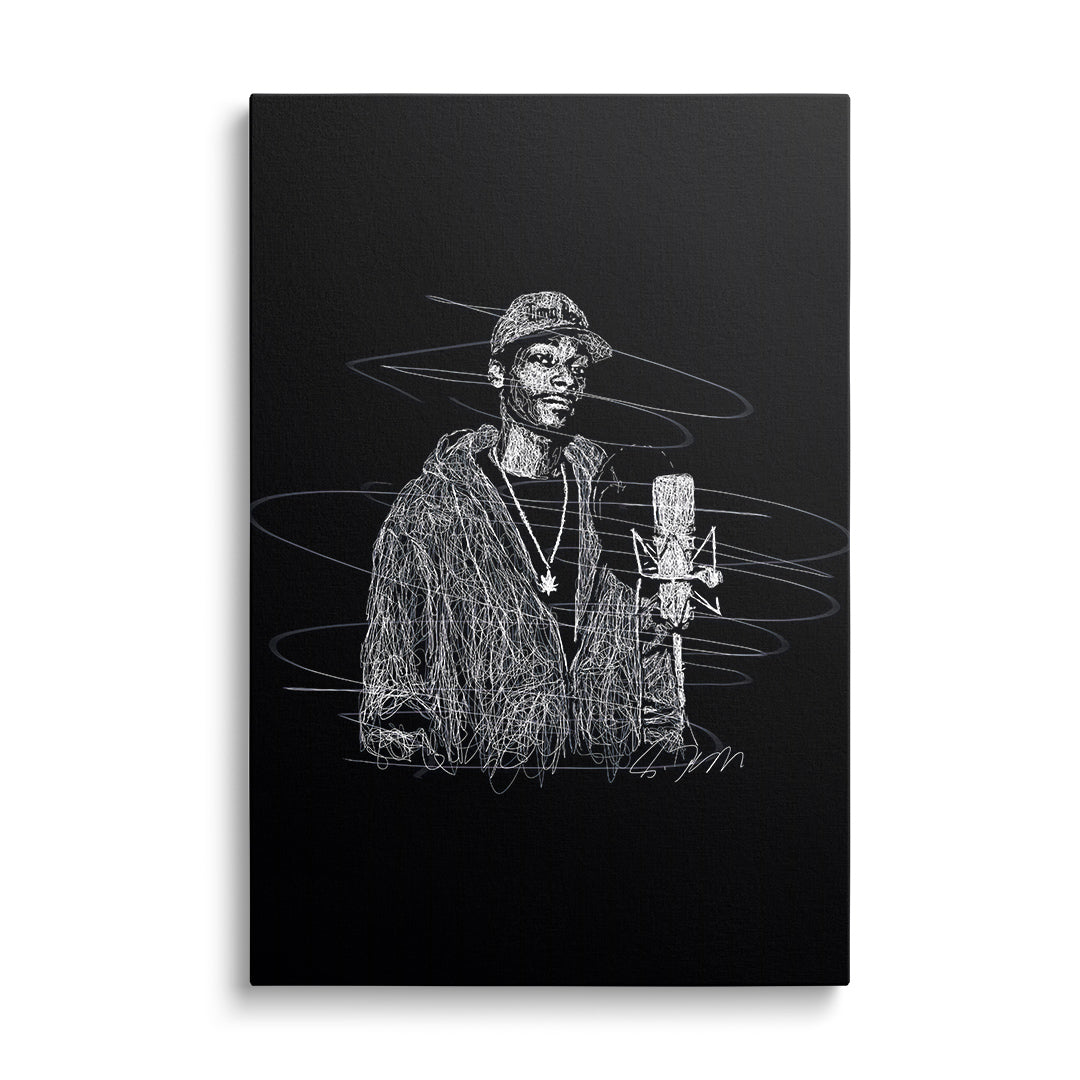 Motivační obraz na plátně s minimalistickým portrétem rappera v kapuci u mikrofonu, street art frontální pohled