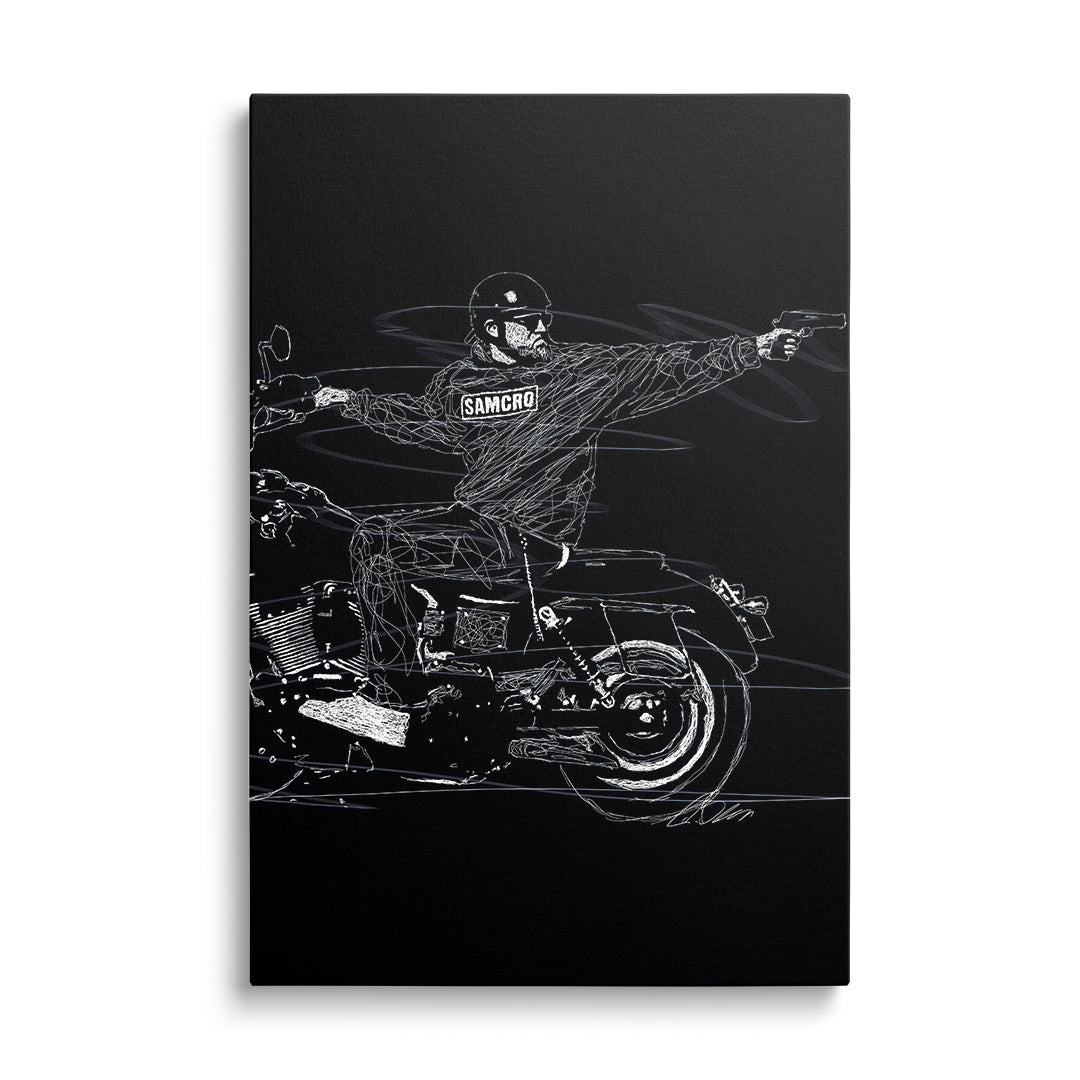 Motivační obraz na plátně, černobílý street art motorkáře z front-view, který míří pistolí