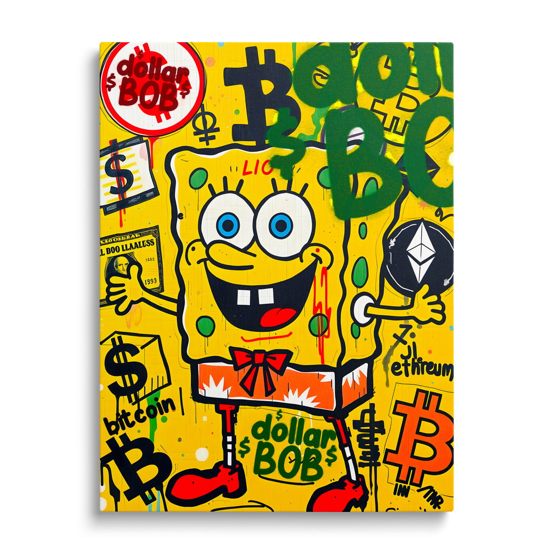 Pop art obraz na zeď se SpongeBobem mezi logy Bitcoin a Ethereum v luxusním street art motivu