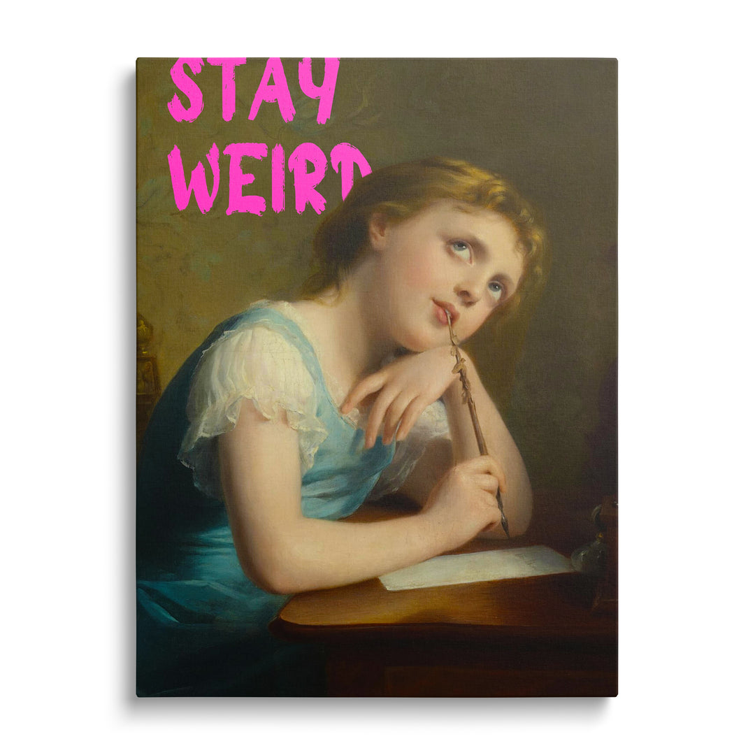 Motivační pop art obraz na plátně s dívkou u psacího stolu a růžovým nápisem v retro stylu