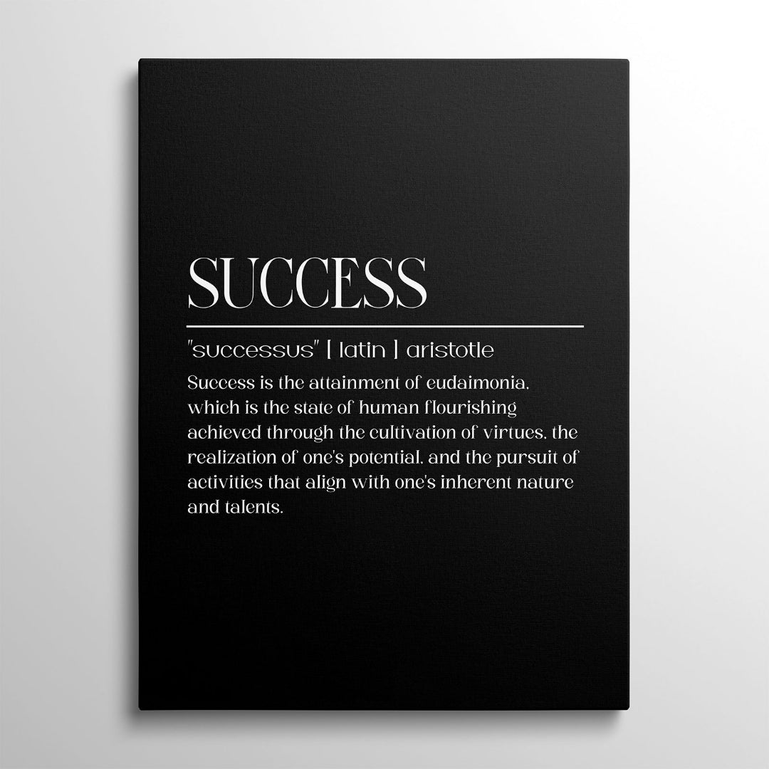 Motivační obraz na plátně s bílým Aristotelovým citátem o úspěchu na černém minimalistickém pozadí