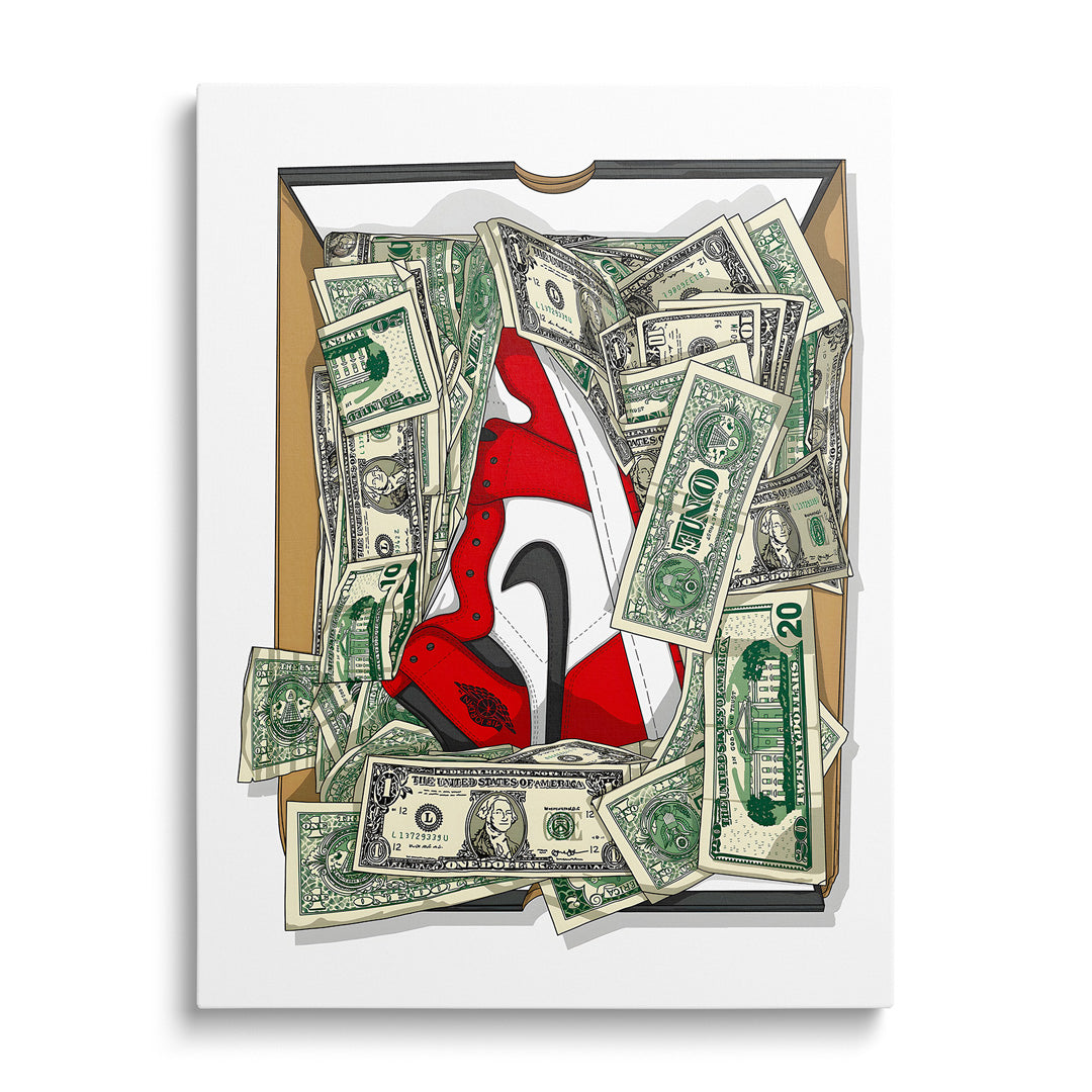 Motivační obraz s teniskou Nike v boxu plném dolarů, moderní pop art obraz, pohled zepředu