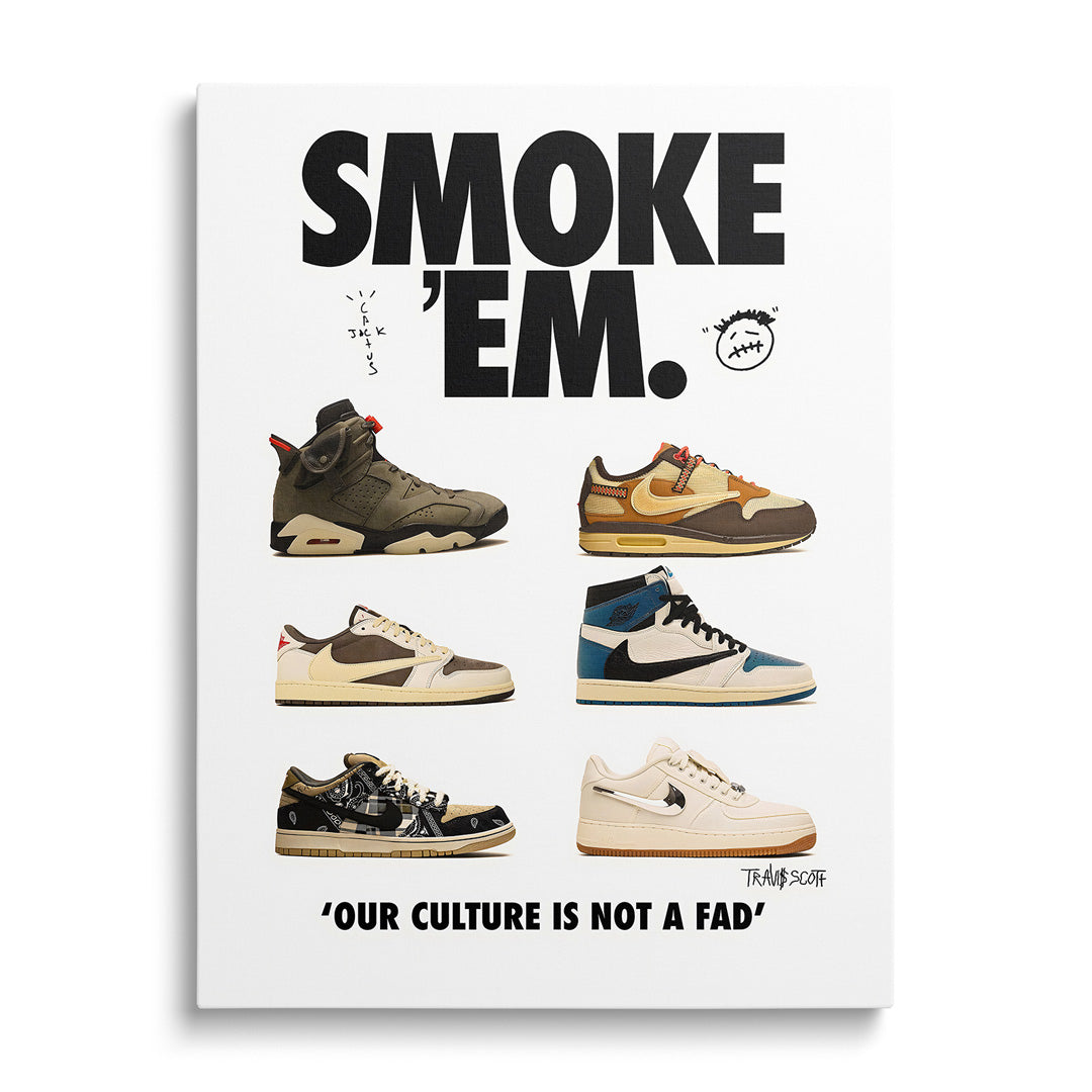 Moderní obraz na zeď se šesti teniskami Nike a nápisy „SMOKE ’EM“.