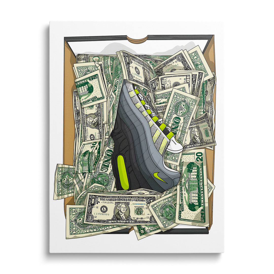 Moderní obraz tenisky Nike v krabici plné dolarů, motivační obraz na zeď