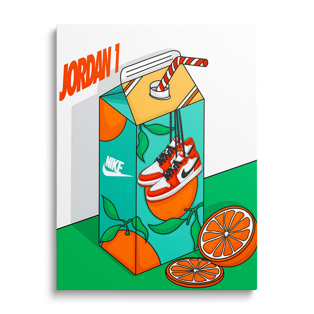 Pop art obraz na zeď s džusovým boxem, zavěšenými teniskami Nike a oranžovými plátky ovoce