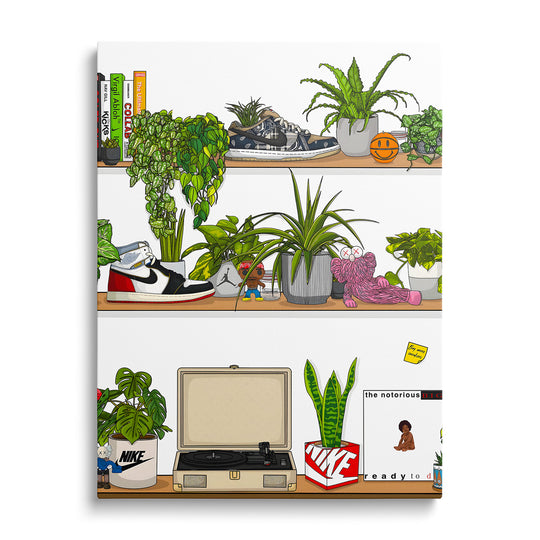 Moderní obraz na zeď, front view regálů s rostlinami, teniskami Nike, gramofonem a vinylovými deskami