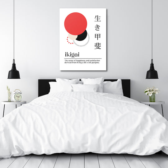 Motivační obraz na plátně s abstraktními kruhy a japonským citátem nad postelí v minimalistické ložnici