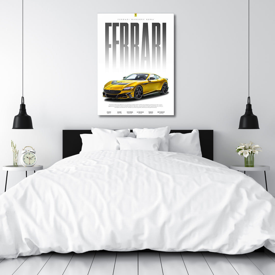 Luxusní motivační obraz na zeď se zlatým Ferrari Mansory Roma nad postelí v moderní ložnici
