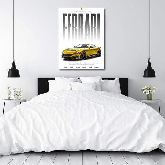 Luxusní motivační obraz na zeď se zlatým Ferrari Mansory Roma nad postelí v moderní ložnici