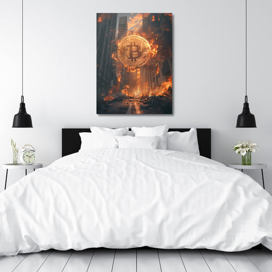 Motivační obraz na plátně s hořícím bitcoinem nad postelí v moderní ložnici