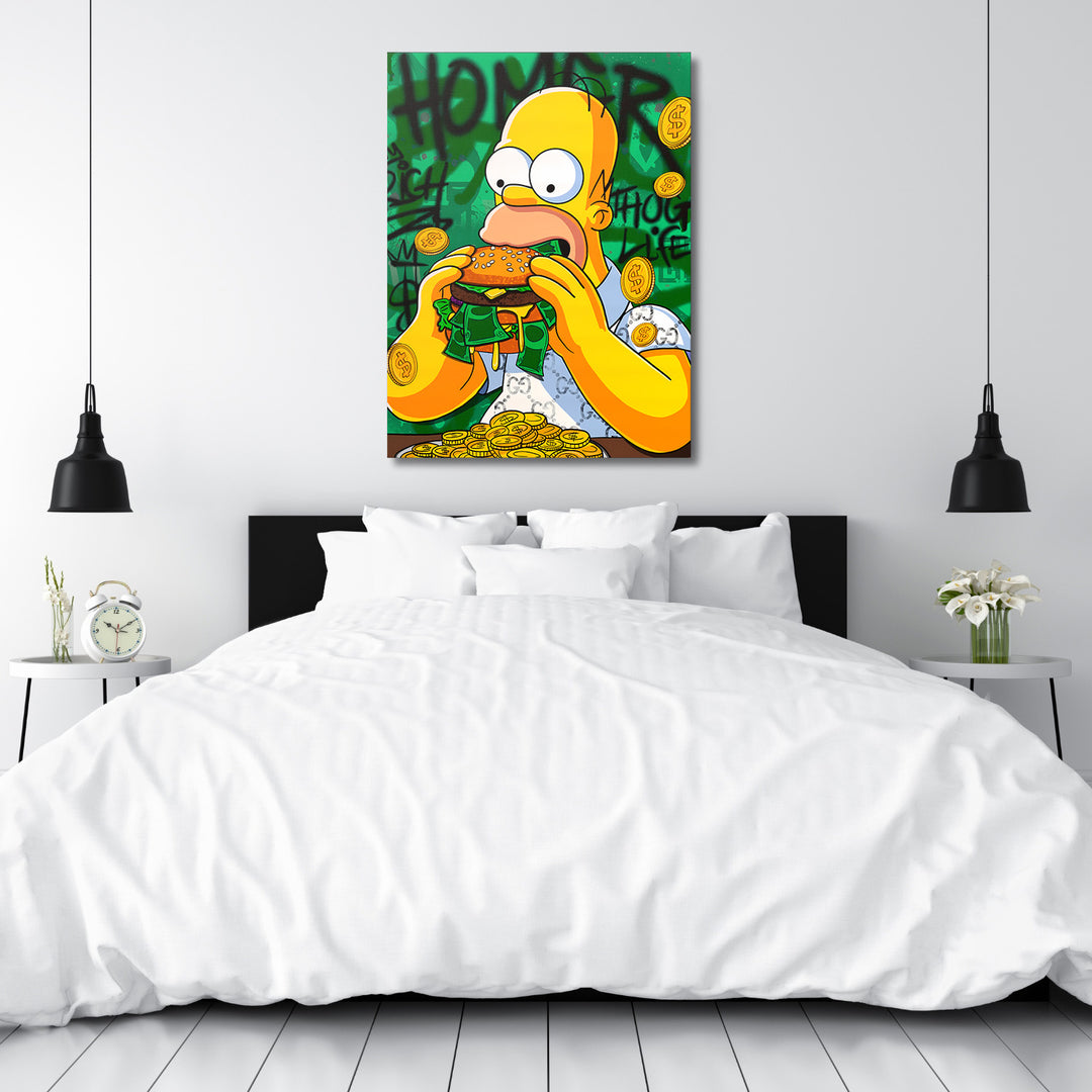 Motivační pop art obraz na zeď do ložnice s Homérem Simpsonem, jak jí hamburger plný bankovek a zlatých mincí
