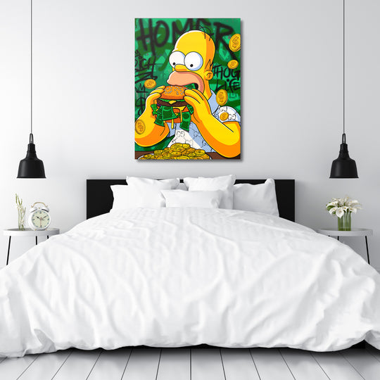 Motivační pop art obraz na zeď do ložnice s Homérem Simpsonem, jak jí hamburger plný bankovek a zlatých mincí