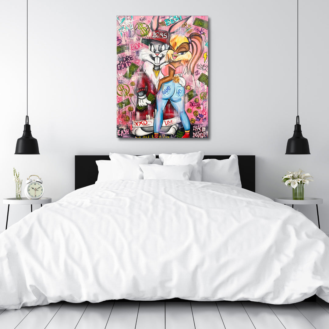 Pop art obraz na plátně do ložnice s Bugs Bunny a Lola Bunny, graffiti motiv dolarů a barevných nápisů