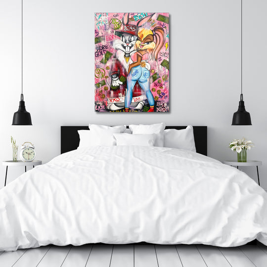 Pop art obraz na plátně do ložnice s Bugs Bunny a Lola Bunny, graffiti motiv dolarů a barevných nápisů