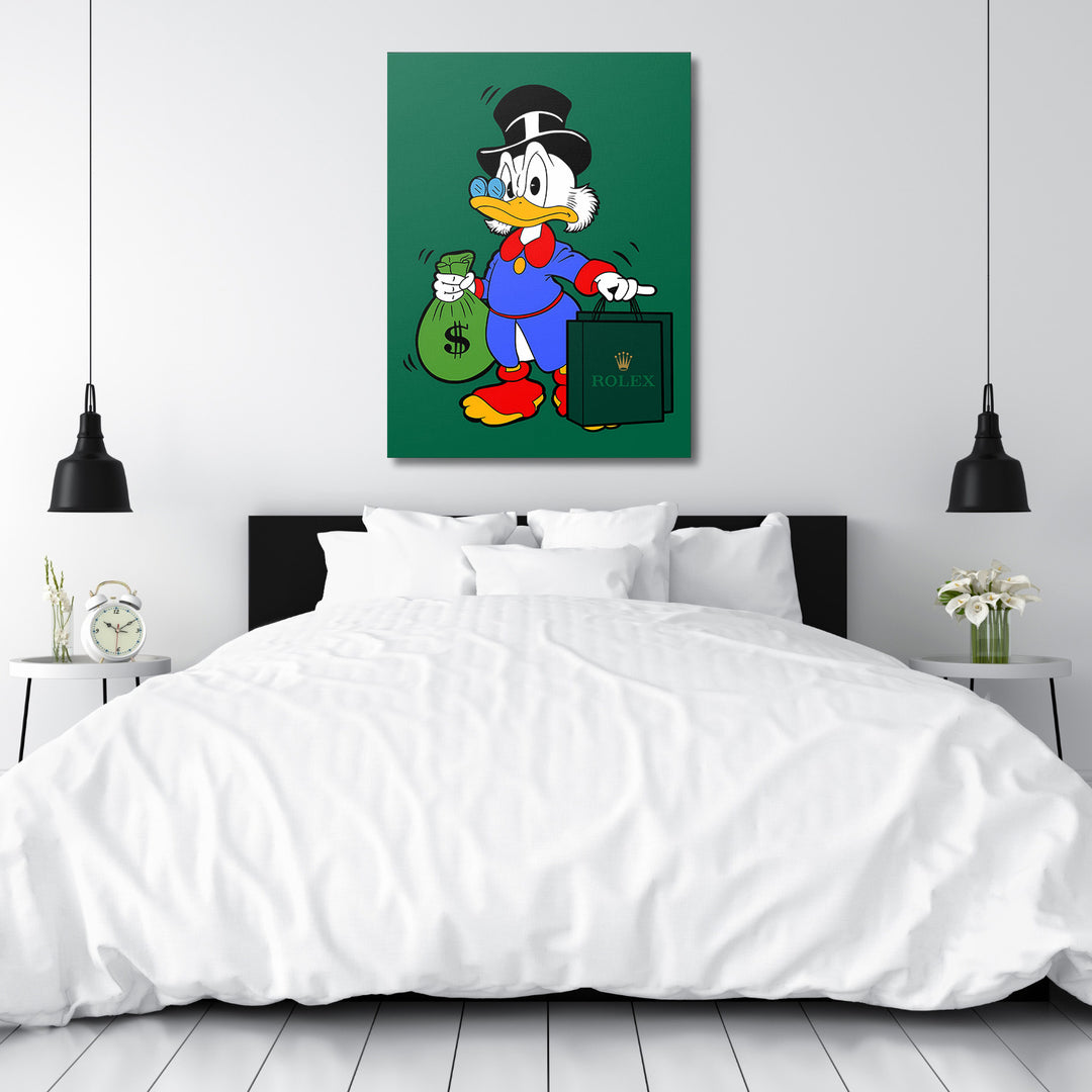 Motivační pop art obraz kachního milionáře v ložnici, drží vak s penězi a tašku Rolex