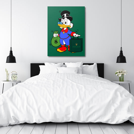 Motivační pop art obraz kachního milionáře v ložnici, drží vak s penězi a tašku Rolex