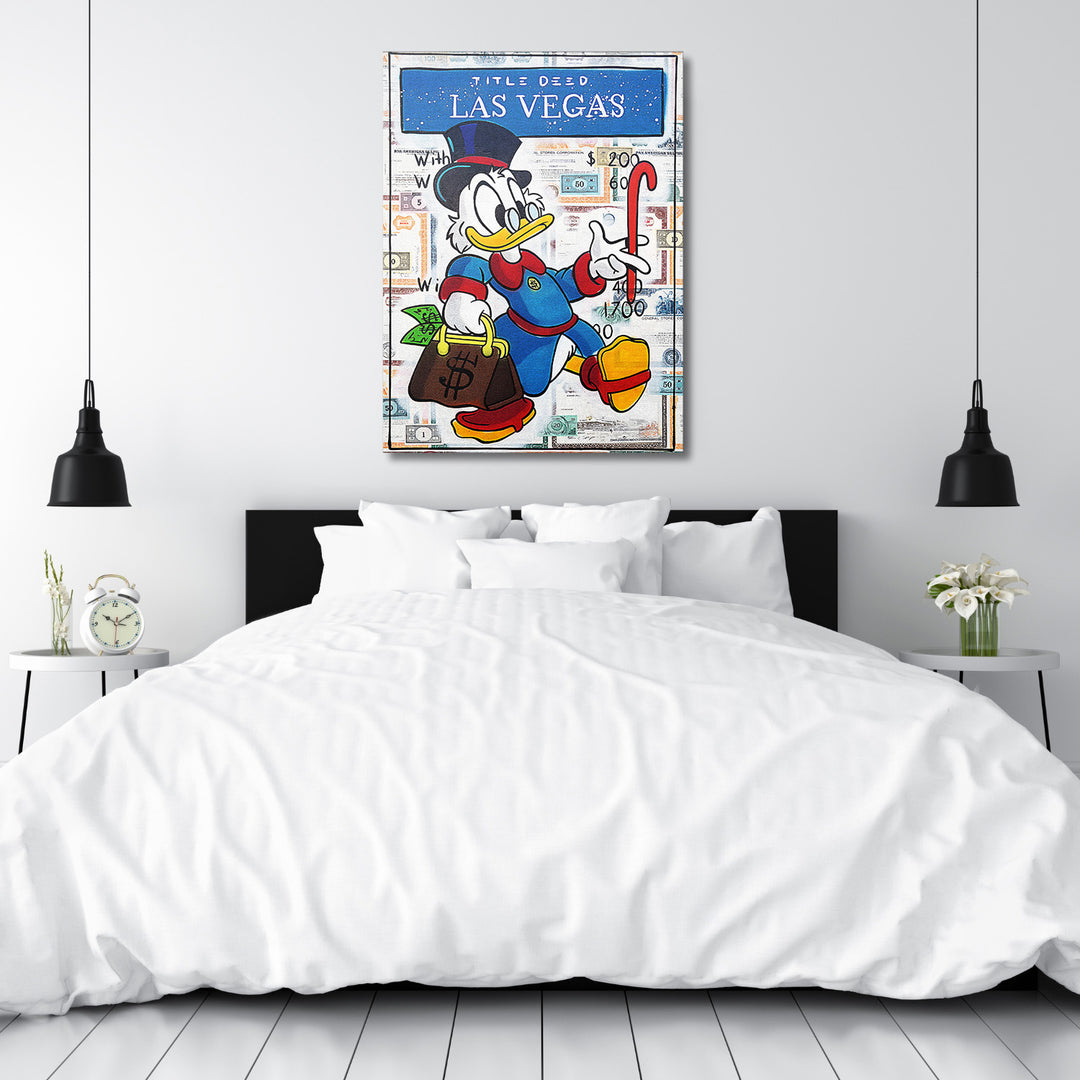 Motivační pop art obraz na plátně s kačerem Skrblíkem, bankovkami a nápisem Las Vegas v ložnici