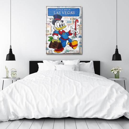 Motivační pop art obraz na plátně s kačerem Skrblíkem, bankovkami a nápisem Las Vegas v ložnici