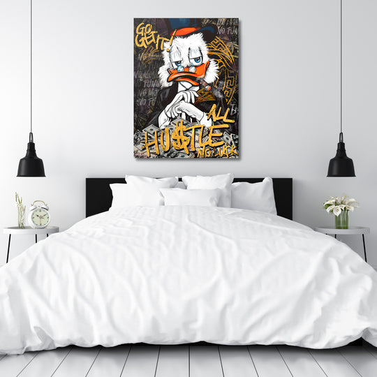 Motivační obraz na plátně do ložnice, graffiti pop art kachna obklopená hromadou peněz, urban lifestyle