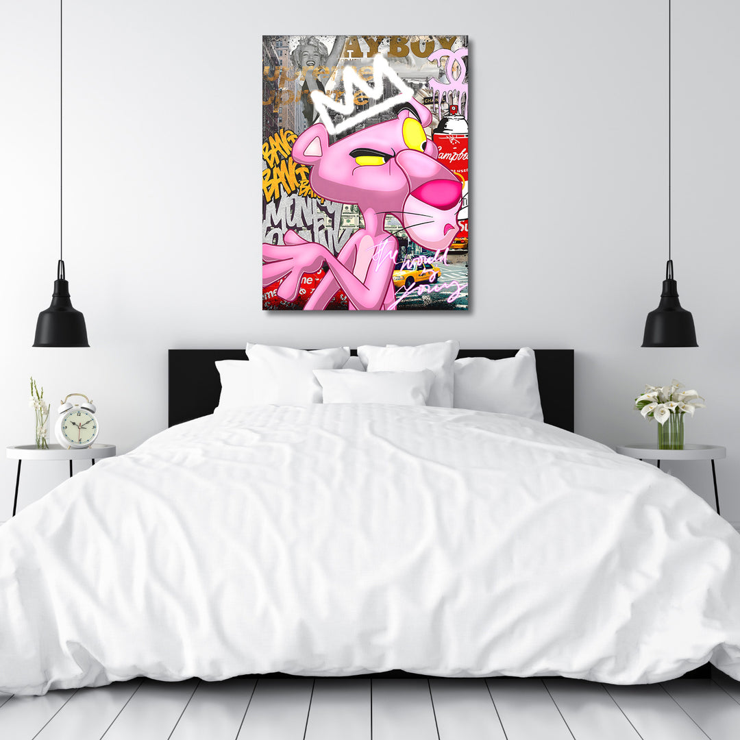 Motivační pop art obraz na zeď nad postel s panterem, graffiti, dolarovými bankovkami, soup cans a Marilyn Monroe