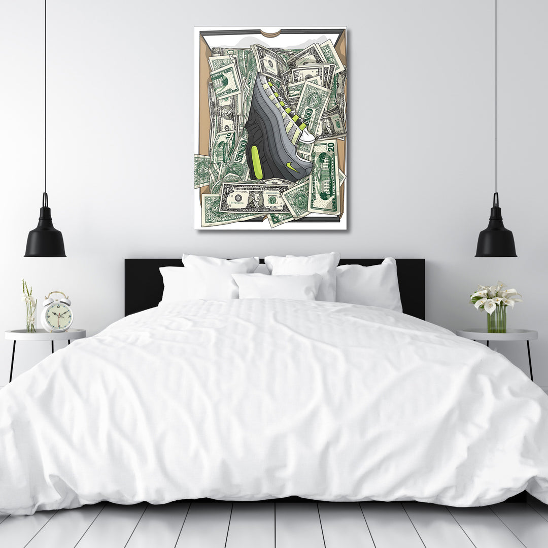 Motivační pop art obraz na zeď do ložnice s teniskou a dolarovými bankovkami v boxu
