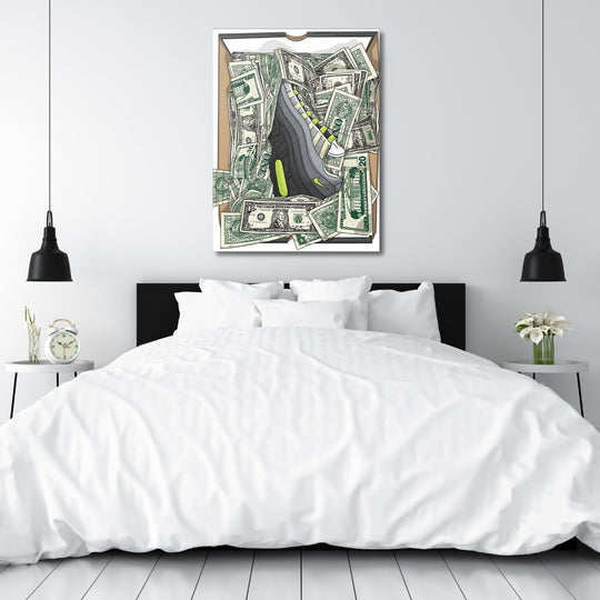 Motivační pop art obraz na zeď do ložnice s teniskou a dolarovými bankovkami v boxu