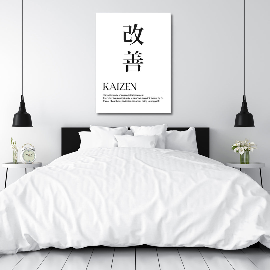 Motivační obraz na plátně s japonským citátem Kaizen, minimalistický dekor do ložnice