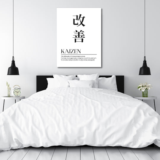 Motivační obraz na zeď do ložnice s japonským citátem Kaizen v minimalistickém designu