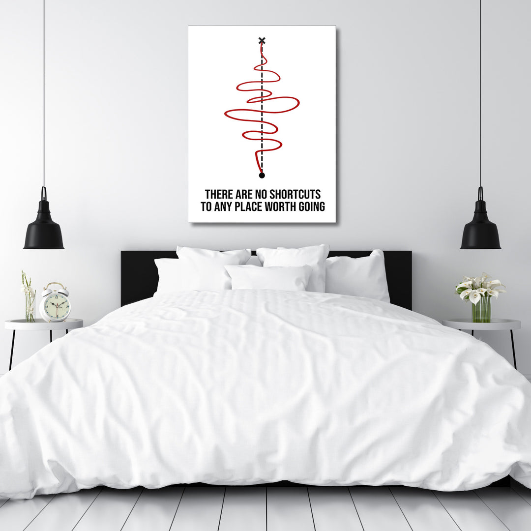 Motivační obraz na plátně do ložnice, černobílý citát s červenou spirálou v minimalistickém designu