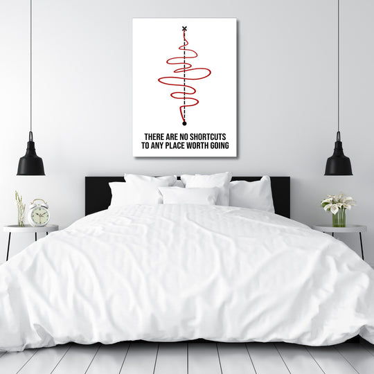 Motivační obraz na plátně do ložnice, černobílý citát s červenou spirálou v minimalistickém designu