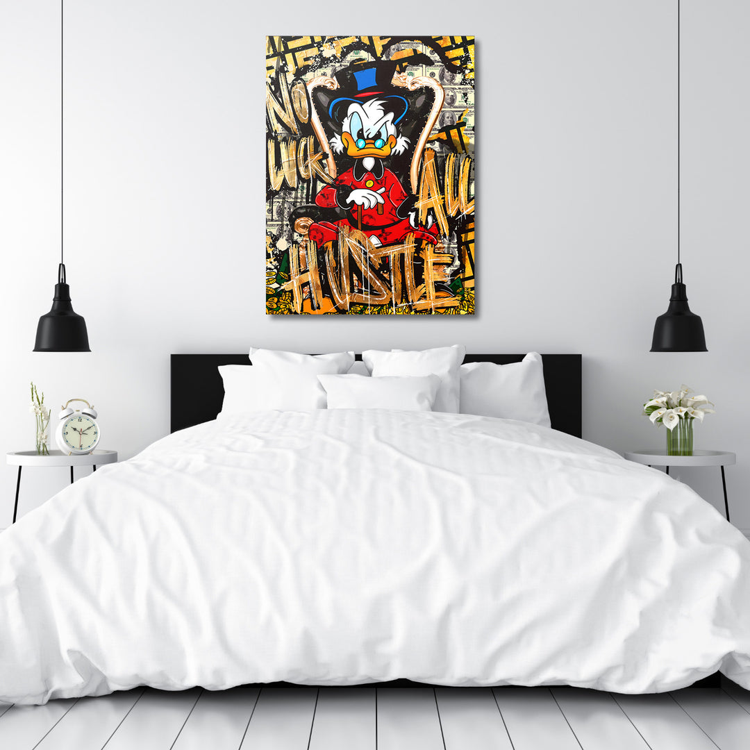 Motivační pop art obraz na zeď do ložnice s kačerem, graffiti a motivem dolarů