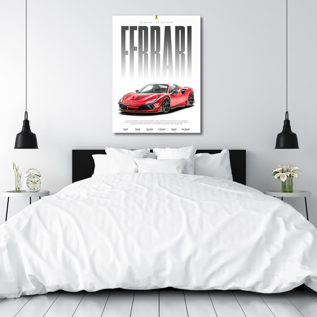Moderní obraz na zeď s červeným Ferrari F8 Spider nad bílou postelí v elegantní moderní ložnici
