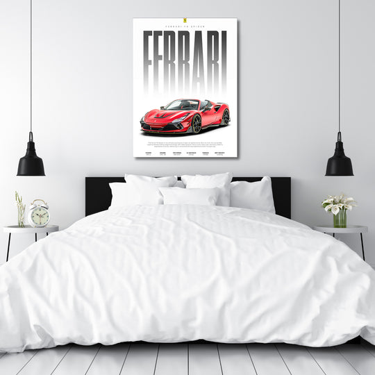 Moderní obraz na zeď s červeným Ferrari F8 Spider nad bílou postelí v elegantní moderní ložnici
