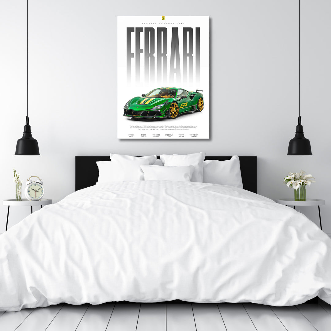 Motivační obraz na zeď se zeleným Ferrari Mansory F8XX v ložnici, luxusní sportovní vůz a výkon