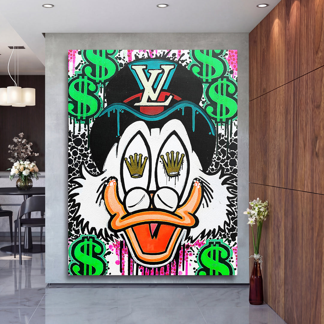 Pop art obraz Donalda v LV klobouku se zelenými dolarovými symboly jako motivační obraz do moderní kanceláře