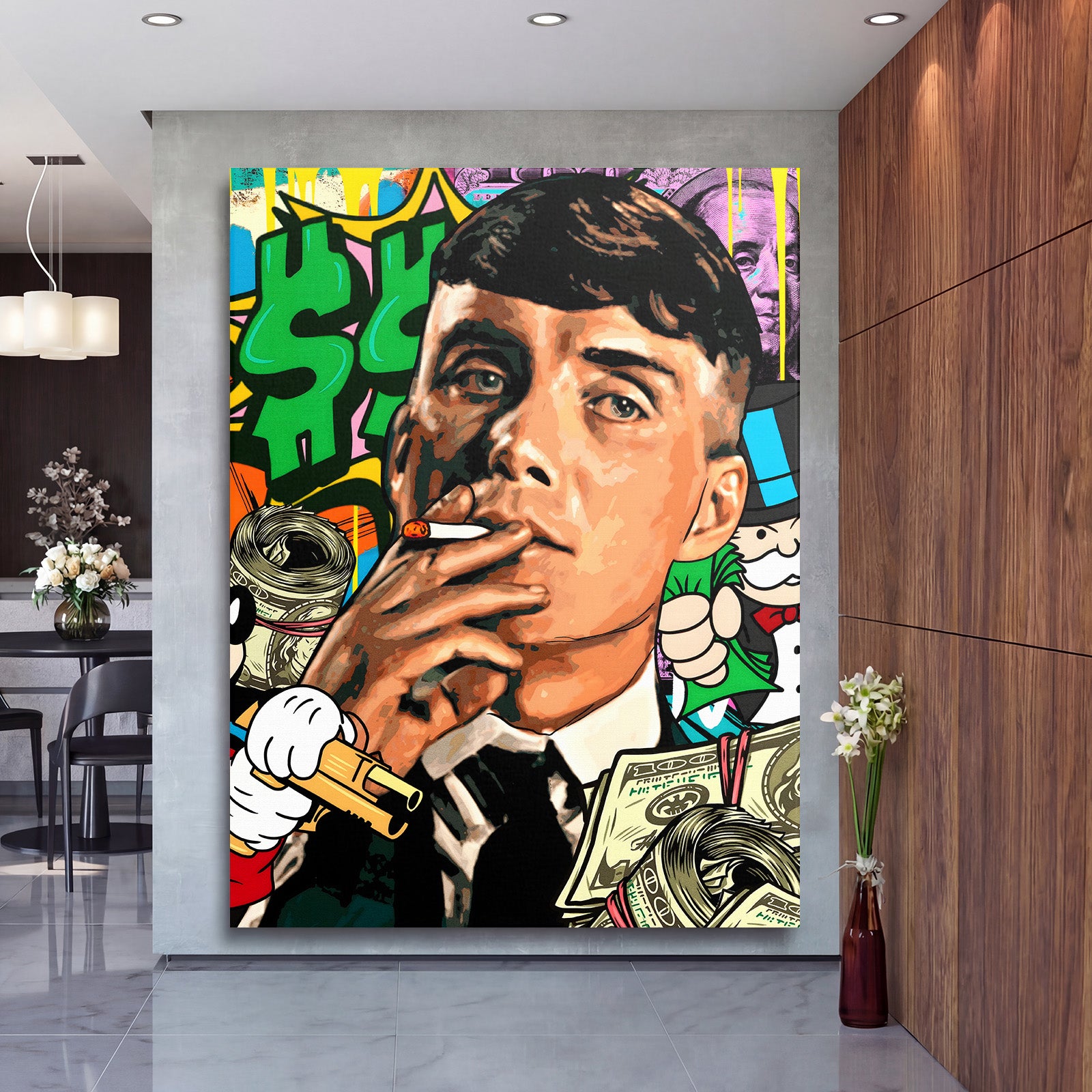 Motivační obraz na plátně s pop art portrétem muže kouřícího cigaretu a dolarovým graffiti v pracovně