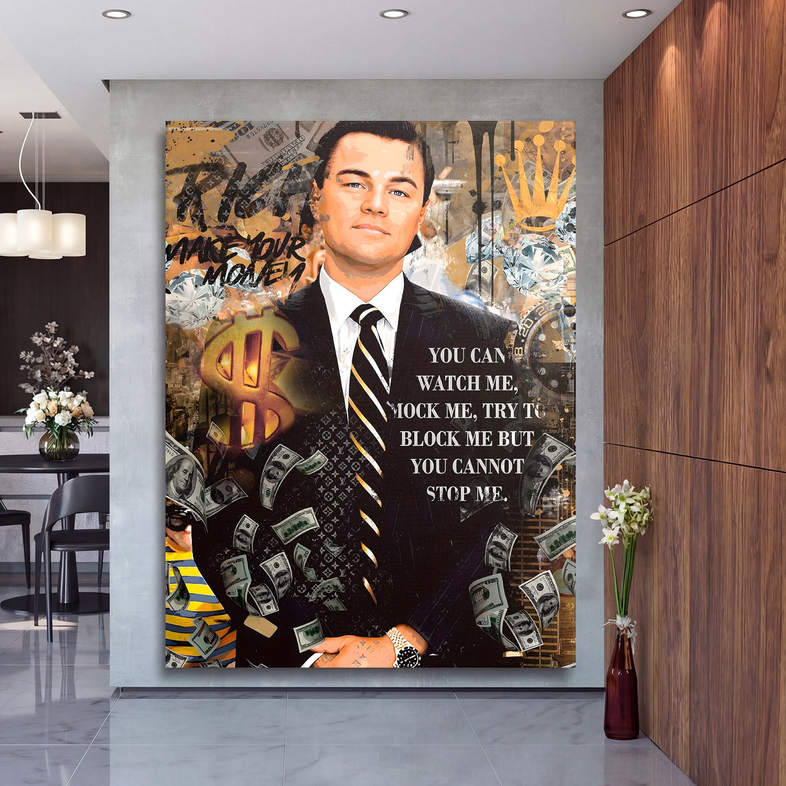 Luxusní motivační obraz na zeď do foyer, pop art portrét muže s koláží dolarů, hodinek a zlaté koruny
