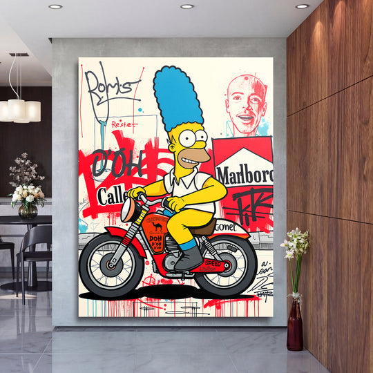 Pop art obraz na zeď, motivační koláž s Homerem na motorce a graffiti v moderním interiéru