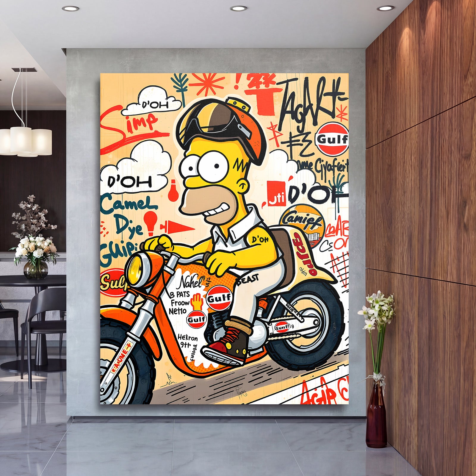 Pop art motivační obraz na plátně s graffiti Homerem na motorce, lifestyle dekorace do moderní pracovny
